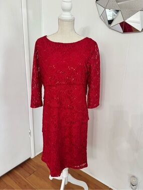 Ronni Nicole Red Lace Midi Dress with Three-Quarter Sleeves